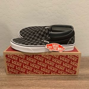 Black and grey checkered slip on Vans